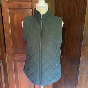 Laura Scott Puffer‎ Vest Womens Medium Green Quilted Lined Zip Snap Pockets NEW